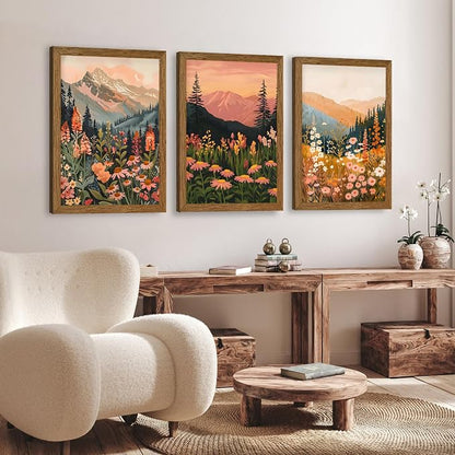 WRFON Botanical and Flower Canvas Wall Art, Framed Mountain Landscape Wall Art Set of 3, Wildflower Meadow Canvas Print, Rustic Nature Decor for Living Room Bedroom Cabin Lodge Farmhouse Decor, 20x30