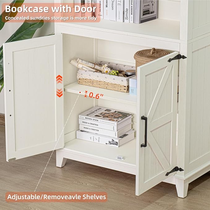 Joaxswe 70in Tall Bookshelf 5 Tier Bookcase with Barn Doors and Storage Cabinet, White Farmhouse Book Shelf with Adjustable Shelves, Wood Freestanding Display Bookshelves for Bedroom, Kitchen (3PCS)