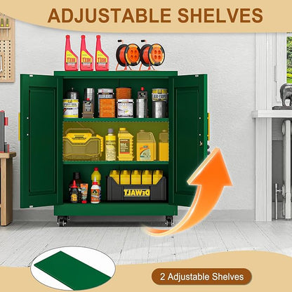 36" Metal Garage Storage Cabinet with Lock and Wheels,Rolling Steel Locker Organizer,Office File Cabinet with 2 Doors and 2 Adjustable Shelves,Tool Cabinets for Home Office,Gym,School (Green)