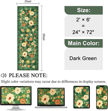 DUKINO 2x6 Runner Rug for Hallway, Washable Kitchen Runner Rug with Non Slip Backing, Low Pile Soft Boho Floral Runner for Kitchen, Hallway, Entryway, Laundry, Bedroom, Dark Green