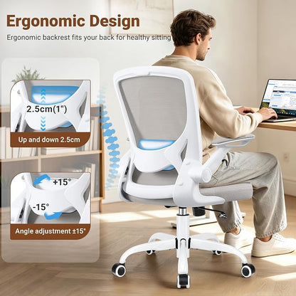 BESTFAIR Ergonomic Office Chair, Mesh Computer Chairs with Lumbar Support, Swivel Desk Chair with Flip-up Arms and Adjustable Height, Light Gray
