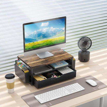 gianotter Desk Organizers and Accessories, Monitor Stand with Drawer and 2 Pen Holder, Desktop Organizer Suitable for Offices and Dormitories (Wood-Plain)