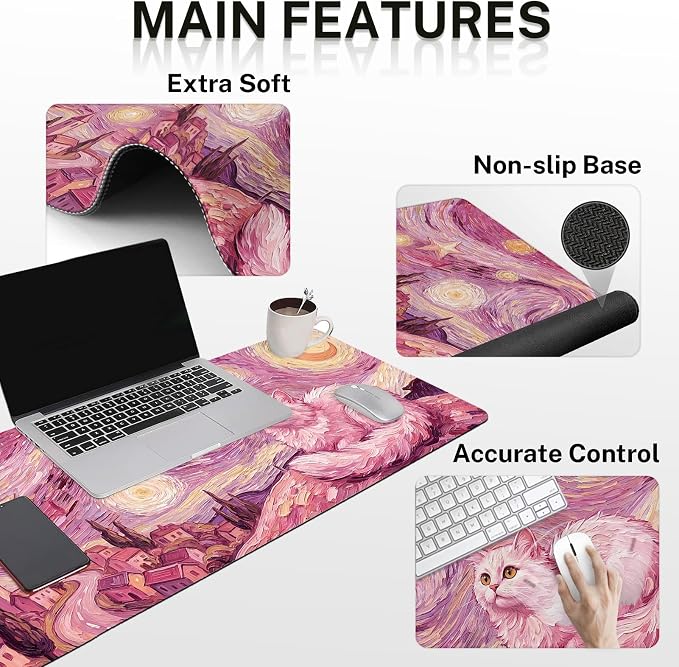 Britimes Pink Cat Moon Keyboard Mouse Pad Set Oil Painting Aesthetic 4in1 Large Mousepad+Keyboard Wrist Rest+Mouse Wrist Rest+Coaster Ergonomic Design for Home Office Computer 35.4x15.7 inches