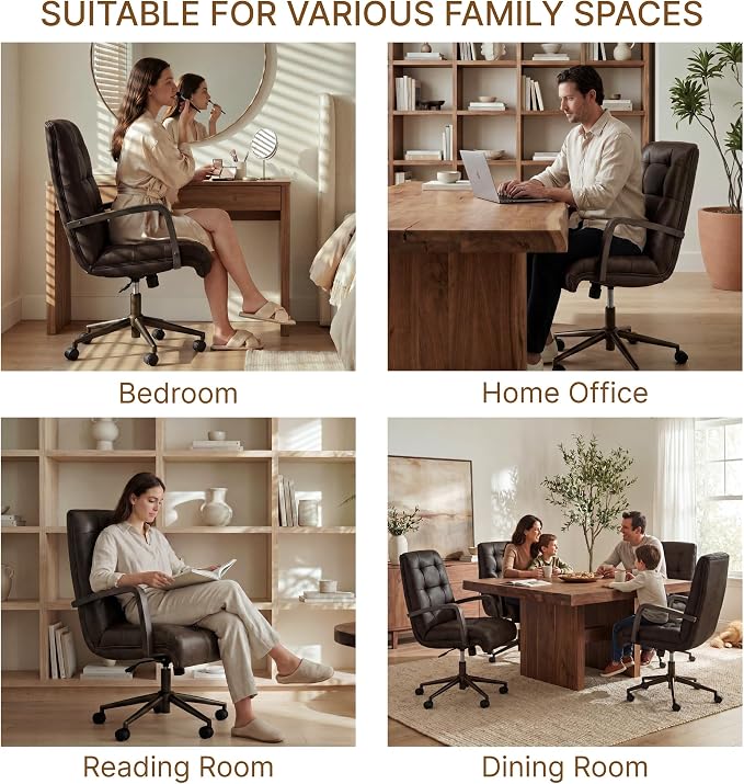 KISLOT Home Office Desk Chair, Ergonomic Office Chair with Square-Patterned Leather Upholstery, Adjustable Swivel Computer Chair with Wood Arms & Wheels, Soft-Rounded Front Edge, Espresso, Set of 2
