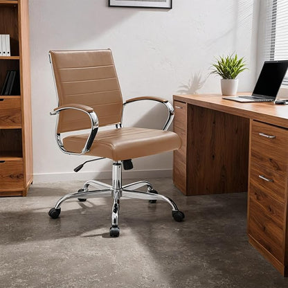 LeisureMod Benmar Leather Office Desk Chair, Mid-Back Ergonomic Swivel Chair with Lumbar Support, Adjustable Height, Tilt Lock, Cushioned Seat & Back, Home Office Task Chair (Brown, Pallet)