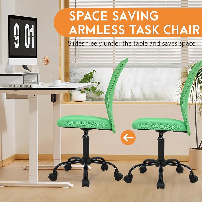 FDW Home Office Chair Mid Back Mesh Desk Chair Armless Computer Ergonomic Task Rolling Swivel Chair Back Support Adjustable Modern with Lumbar Support (Pack of 2, Green)
