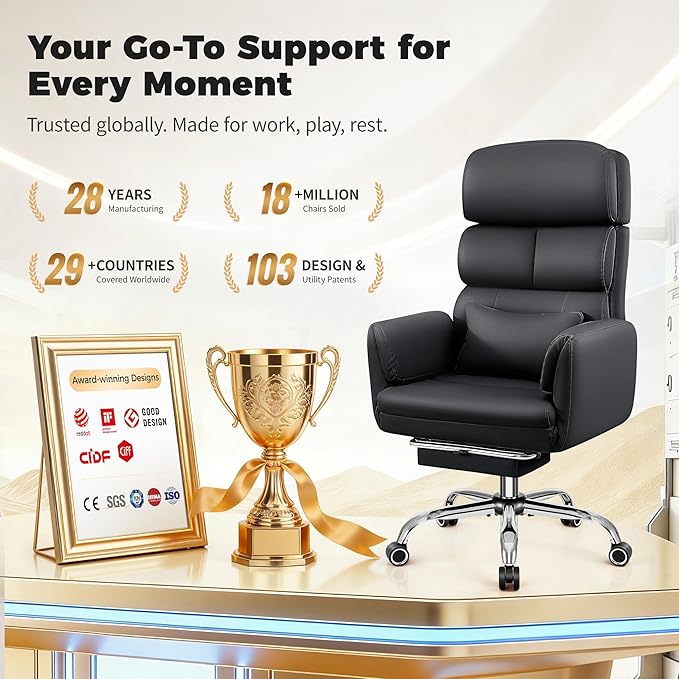 Big and Tall Office Chair 500LBS, Ergonomic High Back Leather Executive Chair, Reclining Swivel with Adjustable Armrests Lumbar Support Footrest, Cross Legged, Black