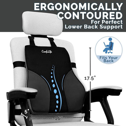 ComfiLife Lumbar Support Pillow for Office Chair – Premium Memory Foam Lumbar Pillow – Back Support for Office Chair, Car – Back Pain Relief, Improves Posture – 3 Adjustable Straps, Mesh + Leatherette