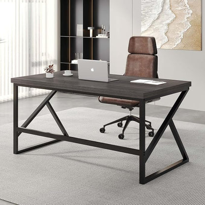 HSH Industrial Home Office Desk, Metal and Wood Computer Desk, Rustic Vintage Soho Work Study Writing Table, Modern PC Desk for Livingroom Bedroom, Farmhouse Computer Table Grey 55 inch Wide