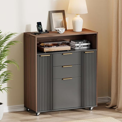 ModernMate Fluted Mobile Office File Cabinet with 3 Drawers, 37" Rolling Storage Cabinet with Charging Station, Small Printer Stand for Home Office, Black Walnut