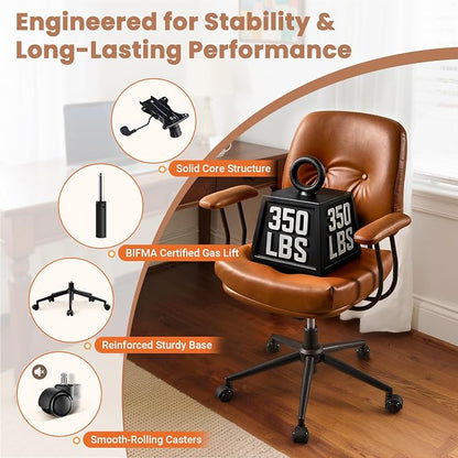 Leather Home Office Chair, Mid Back Ergonomic Desk Chair with Lumbar Support, Mid Century Modern Deep Seat Swivel Rocking Computer Chair, Brown