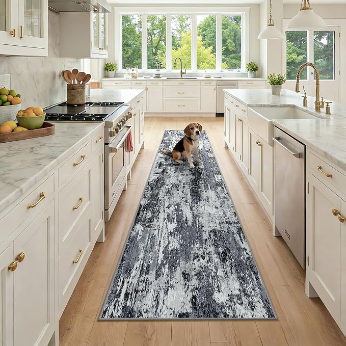 RELEANY Washable Area Rugs 2x9 Non-Slip Modern Abstract Soft for Living Room Entryway Bedroom Kitchen, Print Pattern, Black Navy Blue Gray