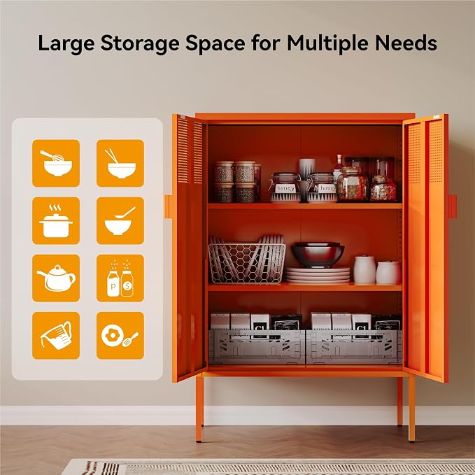 COFaR Orange Metal Storage Cabinet, 47”H Vibrant Coffee Bar & Buffet Sideboard with Adjustable Shelves, Fun Kitchen Organizer, Ventilated Steel Cabinet with Magnetic Doors for Dining Room, Office