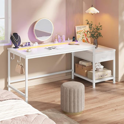 DurayLoly 48" White Desk with Printer Shelf & Power Outlets – Reversible Computer Desk with LED Lights, Drawer & Headphone Hook for Dorm,Teens Study Room,White