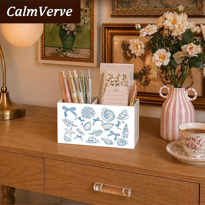Blue Coastal Beach Pen Pencil Holder for Desk, Bow Pencil Holders Wooden Box Organizer for Home Office Bedroom Desk Tabletop