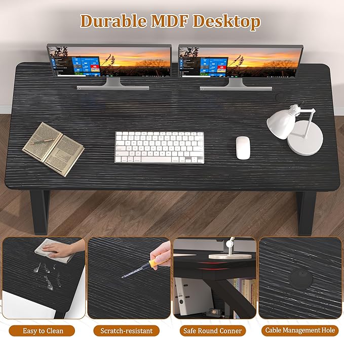 55 inch Computer Desk with Storage Shelf, K-Shaped Office Desk with Sturdy Metal Frame, Writing Gaming Work Desk with Waterproof Surface for Home Office & Bedroom, Black