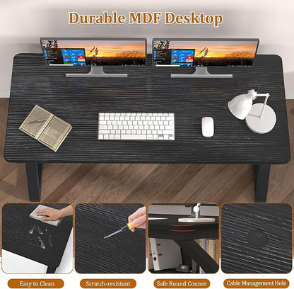 47 inch Computer Desk with Storage Shelf, K-Shaped Office Desk with Sturdy Metal Frame, Writing Gaming Work Desk with Waterproof Surface for Home Office & Bedroom, Black