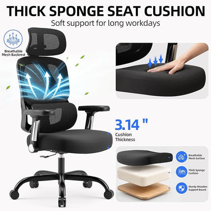 Ergonomic Office Chair, Mesh Back Desk Chair with Cushioned Seat, 3D Adjustable Headrest, 5D Armrests, 2-Level Lumbar Support, 135° Reclining High Back Computer Chair for Home Office