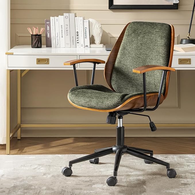 Modern Ergonomic Office Chair with Wood Frame & Metal Base, Swivel Home Office Desk Chairs with Adjustable Height, Comfy Upholstered Computer Chair, Green