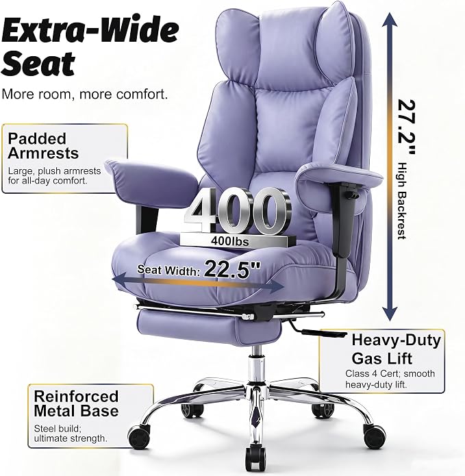 Efomao Executive Office Chair 400lbs,Purple Big and Tall Desk Chair | Mattress-grade pocket spring cushion, sleek leather, 135° recline & footrest for computer gaming setup.