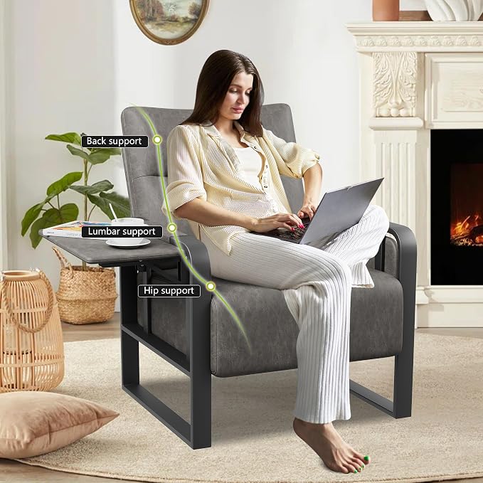 Upholstered Living Room Chair Armchair Set of 2, Mid Century Faux Leather Metal Accent Chair, Reception Couch Office Guest Chair Slipper Club Lounge Single Sofa with Sidetable for Bedroom-Grey