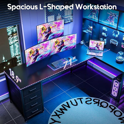 AODK 71" L Shaped Gaming Desk with Hutch, Pegboard & Shelves, L Shaped Desk with 4 Drawers, Integrated LED Light Strip & Power Outlets, Reversible PC Gaming Computer Desk, Black