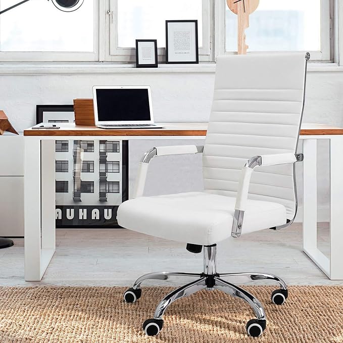 KaiMeng Ribbed Office Desk Mid Back Computer Chair Height Adjustable Conference Executive Task Swivel PU Leather (White)