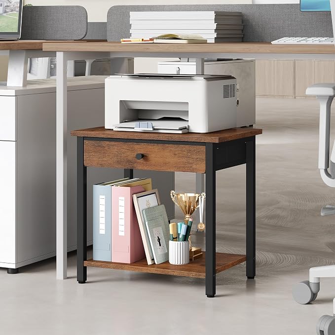 Gewudraw Printer Stand with Storage Drawer, 2-Tier Under Desk Printer Table, Shelf for Home Office, Living Room, Bedroom, Bathroom,Brown