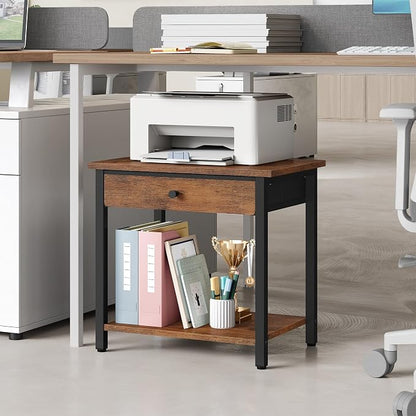 Gewudraw Printer Stand with Storage Drawer, 2-Tier Under Desk Printer Table, Shelf for Home Office, Living Room, Bedroom, Bathroom,Brown
