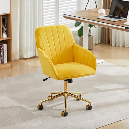 YITAI Velvet Office Desk Chair with Wheels and Gold Base,Modern Height Adjustable 360 Degree Swivel Upholstered Vanity Chairs with Arms for Living Room Bedroom, Study,Yellow
