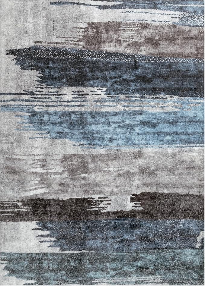 Ciicool Modern Abstract Deep Blue Gray Rug for Living Room, 8'x10' Machine Washable Area Rug Non-Slip Rug, Low-Pile Contemporary Indoor Dining Floor Carpet for Bedroom Office Under Table Home Decor
