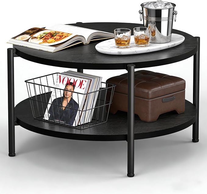 FAMIDGE Coffee Table, 2 Tiers Round Coffee Table, Black Modern Coffee Table for Living Room, Small Space Friendly (Sturdy Metal Frame, Easy Assembly) 27.5x17.7in