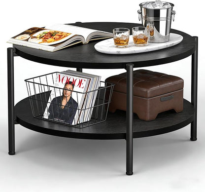 FAMIDGE Coffee Table, 2 Tiers Round Coffee Table, Black Modern Coffee Table for Living Room, Small Space Friendly (Sturdy Metal Frame, Easy Assembly) 27.5x17.7in