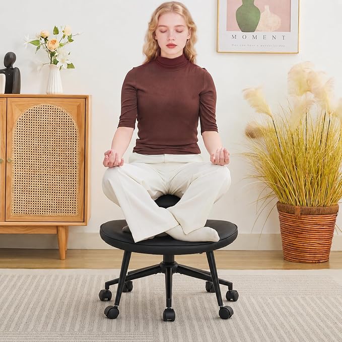Criss Cross Legged Meditaion Chair,Exquisite Home Office Furniture,Ergonomic Kneeling with Lumbar Support and Adjustable Height Stool,for ADHD Adults,Teddy Fabric (Black