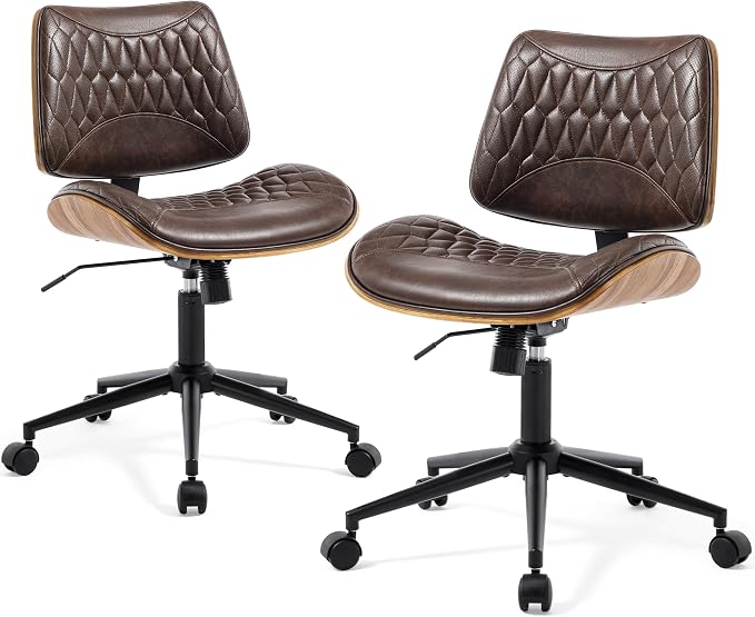 Walnut Bentwood Mid Back Armless Office Chair 2 Pack, Adjustable Height PU Leather Swivel Desk Chair with Wheels, Rolling Computer Task Chair for Home Office, Study, Meeting Room