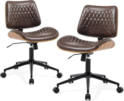 Walnut Bentwood Mid Back Armless Office Chair 2 Pack, Adjustable Height PU Leather Swivel Desk Chair with Wheels, Rolling Computer Task Chair for Home Office, Study, Meeting Room