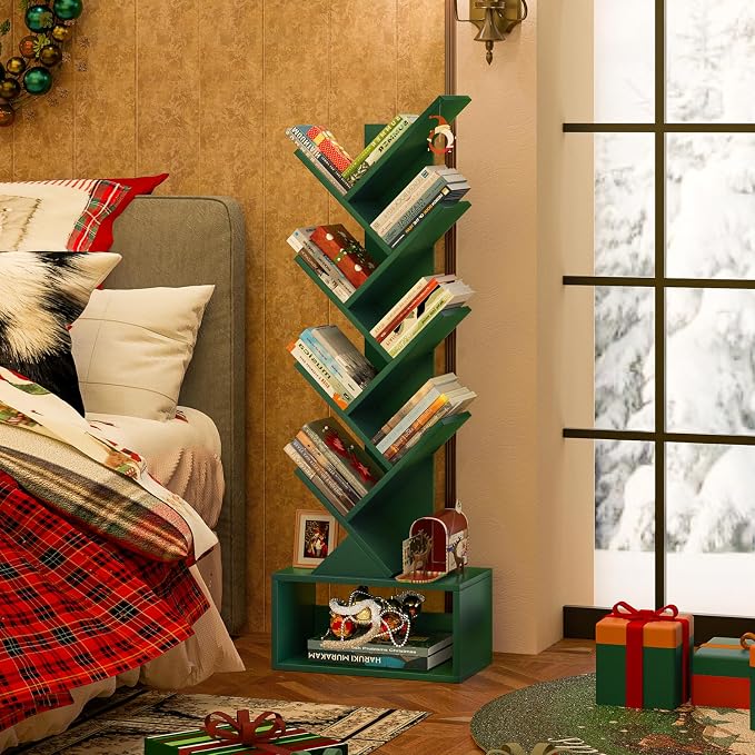 SHEEPAM 9 Tier Tree Bookshelf,Christmas Green Bookcase for Narrow Space, Storage Organizer Floor Standing Bookshelves for Books, Tall Book Case for Home Office, Living Room, Bedroom