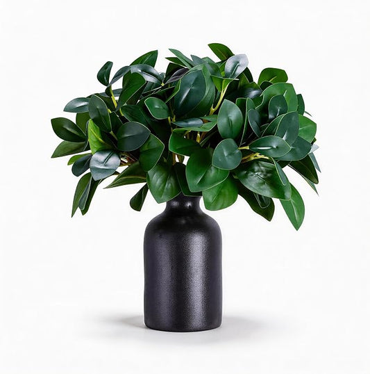 12 Inch Artificial Plant Indoor,Small Fake Plants Eucalyptus Stems With Vase,Faux Greenery In Pot For Farmhouse Home Decor,Bathroom Living Room Kitchen Office Coffee Table Centerpiece (Black)