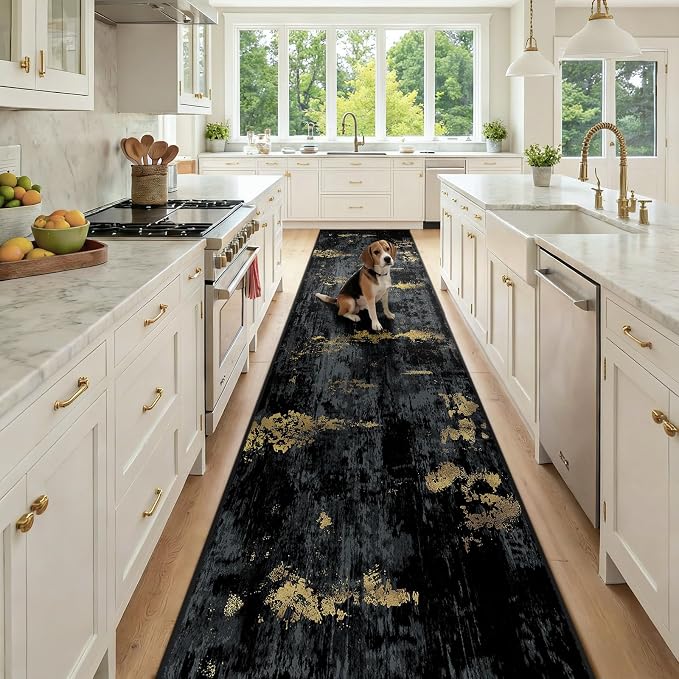 RELEANY Washable Area Rugs 2'6"x12 Non-Slip Modern Abstract Soft for Living Room Entryway Bedroom Kitchen, Print Pattern, Dark Black Gold