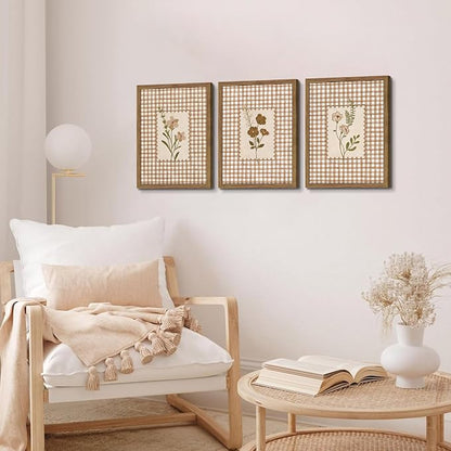 Framed Vintage Floral Wall Art Set of 3, Neutral Wildflower Botanical Canvas Wall Decor Paintings, Cottagecore Gingham Flower Posters Prints Pictures for Living Room Bedroom Bathroom 16x24 Inch