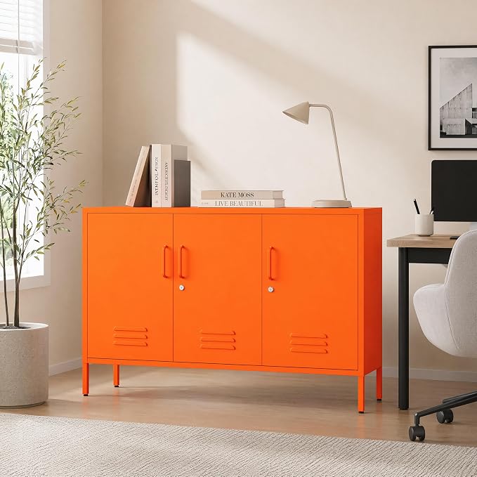 32" Orange 3 Door Lockable Metal Cabinet, Freestanding Multipurpose Heavy Duty Storage Locker with Adjustable Shelves for Home Office Kitchen Living Room Bedroom