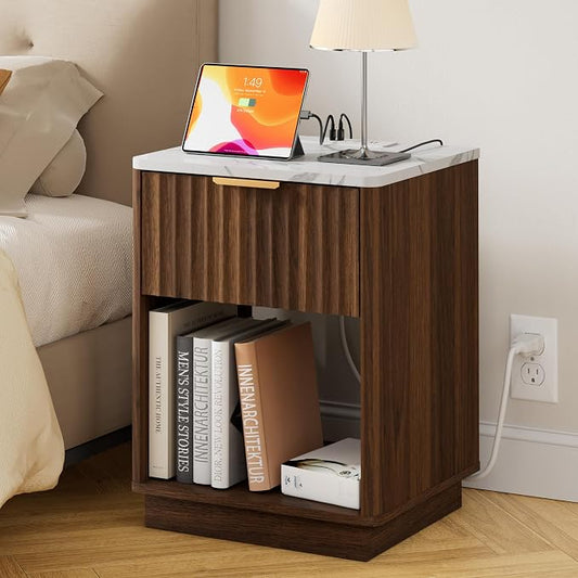 Fluted Nightstand, Walnut Night Stand, Modern Nightstand with Faux Marble Top and Charging Station, 18in Wooden End Table with Drawer, Bedside Table for Bedroom Living Room, Curved Corners