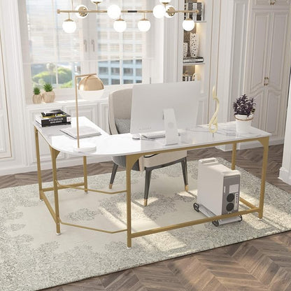 Teraves Reversible L Shaped Desk White - 66.1" Corner Gaming Computer Desk, Office Workstation Modern Home Study Writing Table, Marble Gold