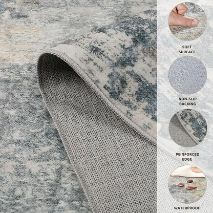 UERMEI 10ft Round Area Rug Living Room Rugs - 10x10 Washable Large Neutral Modern Abstract Soft Thin Rug Indoor Floor No Slip Rug Carpet for Bedroom Under Dining Table Home Office Decor - Blue Grey