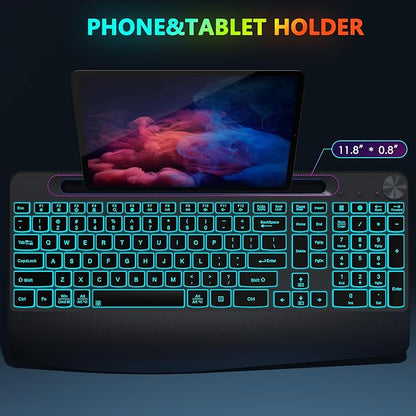 JOYACCESS Ergonomic Wireless Backlit Keyboard with Phone Holder,Rechargeable Wireless Keyboard Mouse Combo with Light Up Keys for for Laptop, PC, Mac, Windows-Grey