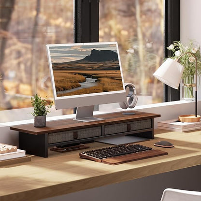 Fenge Monitor Stand with Drawer, 2 Tiers Dual Monitor Riser for Desk, 35 Inch Computer Stand for 2 Monitors, Desk Shelf for Home, Office, Laptop, PC, TV, Printer