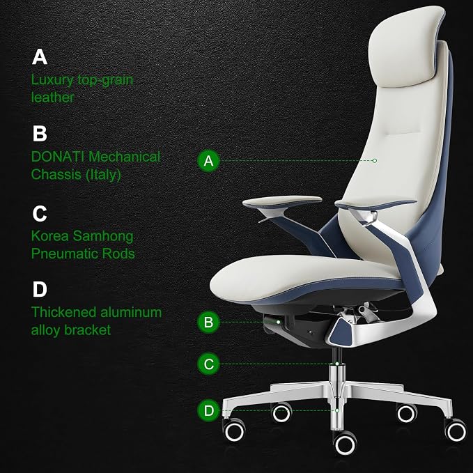 Ergonomic Executive Leather Office Chair: High Back Top Grain Leather with Adjustable Headrest, 3-Position Recline (90°-135°), Tension Control & Height Adjustment, Italian DONATI Base