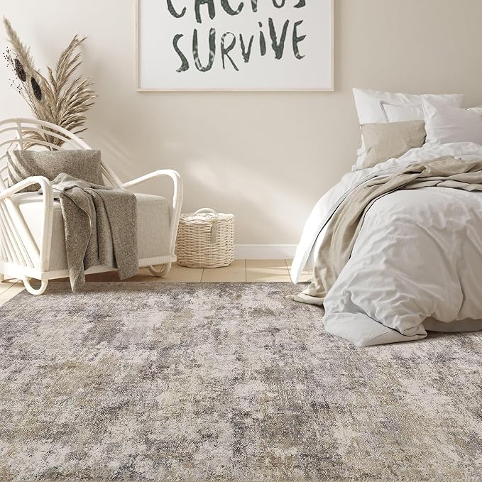 Nakagishi 7x9 Area Rugs Living Room: Washable Abstract Large Neutral Soft Rug Stain Resistant Modern Indoor Floor Non-Slip Carpet for Bedroom Nursery Kids Playroom Office Dining Room Dorm- Brown Grey