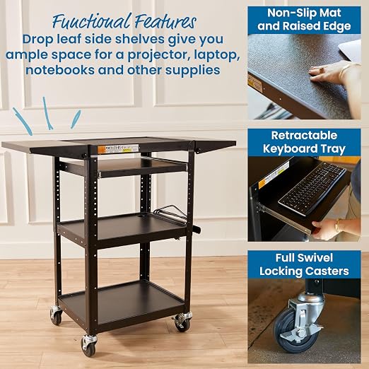 ECR4Kids Mobile AV Presentation Media Cart Stand with Drop Leaves, Technology Trolley, Black