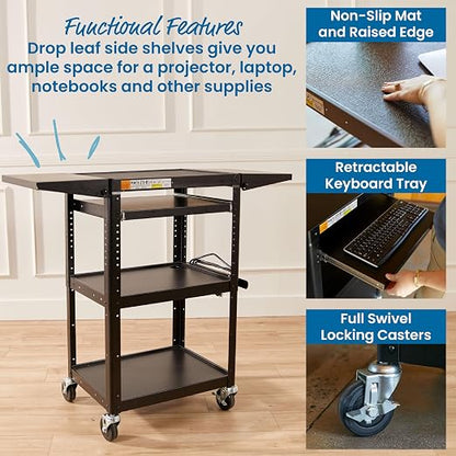 ECR4Kids Mobile AV Presentation Media Cart Stand with Drop Leaves, Technology Trolley, Black